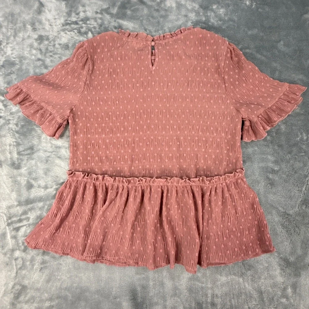 Blu Pepper Dusty Rose Pink Swiss Dot Peplum Top Ruffle Sleeve Mauve Blouse Large - Picture 9 of 9
